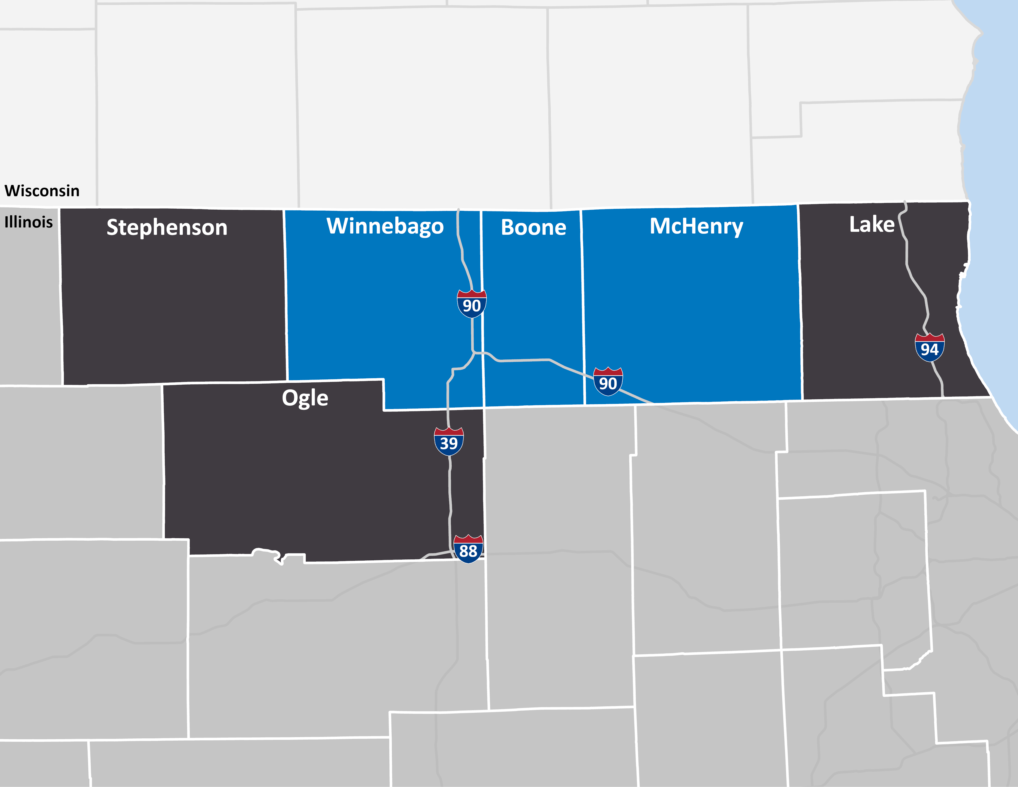 Map showing Winnebago, Boone, and McHenry counties in the Economic Development District